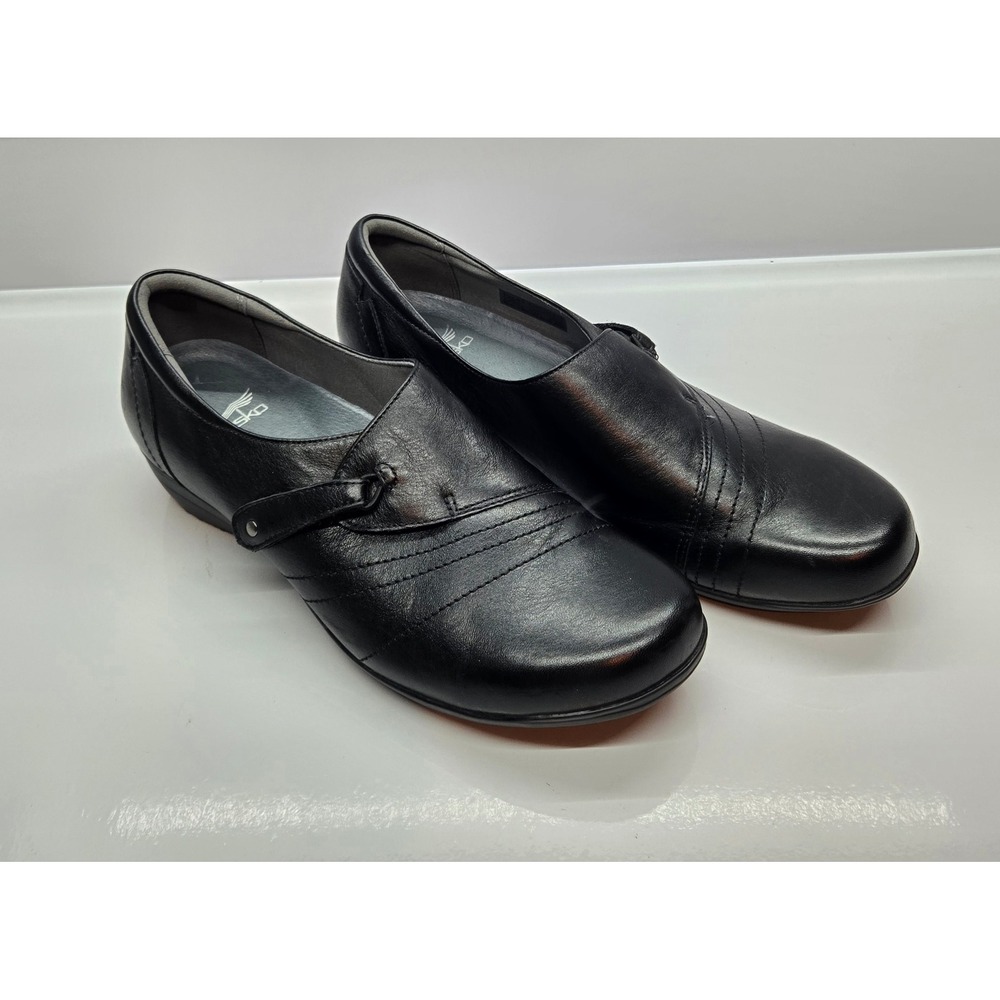 Dansko Black Leather Pleated Slip On Loafers Low Wedge Comfort Shoes Womens 41
